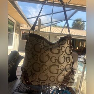 NWT, Brown Monogram Shoulder Bag with Leather Accents